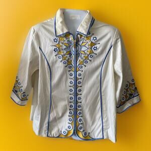 Bob Mackie Wearable Art Jacket 1X White Cut Out Embroidered Full Zip Blue Yellow